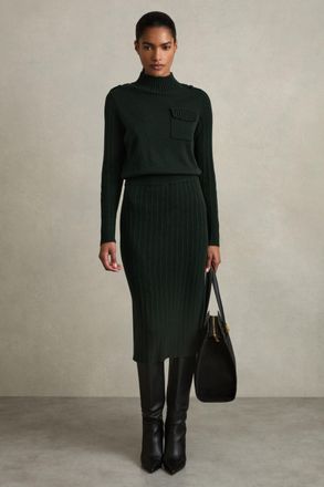 Reiss Womens Dark Green Wool Knitted Utility Midi Dress, Size: XS