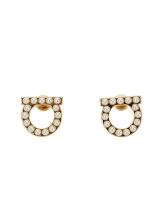 Ferragamo Gold-Colored Gancini Earrings With Pearls In Brass Woman