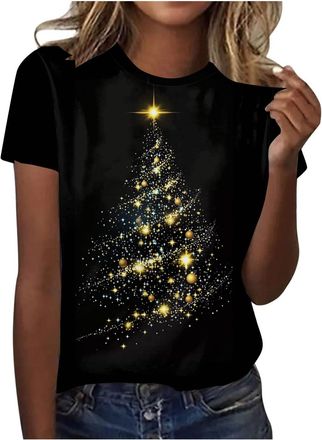 Generic Christmas T-Shirts for Women - UK Ladies Snowflake Print Short Sleeves Casual Tunic Tops Loose Crew Neck Xmas Tree Snowflake Print Cute Blouse Graphic