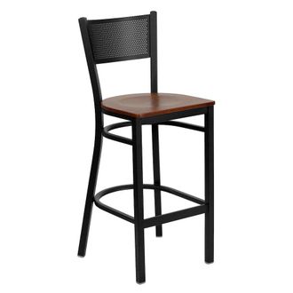 Flash Furniture Black Grid Back Metal Restaurant Barstool - Cherry Wood Seat