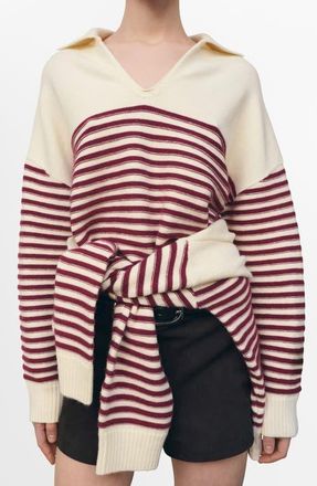 Mango Alicante Stripe Johnny Collar Sweater in Ecru at Nordstrom, Size Xx-Large