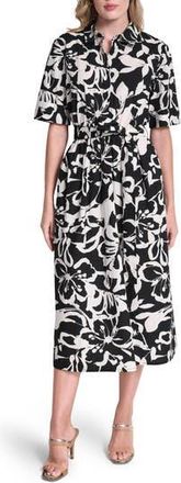 DKNY Floral Elbow Sleeve Cotton Midi Shirtdress in Black/Ivory at Nordstrom Rack, Size 14