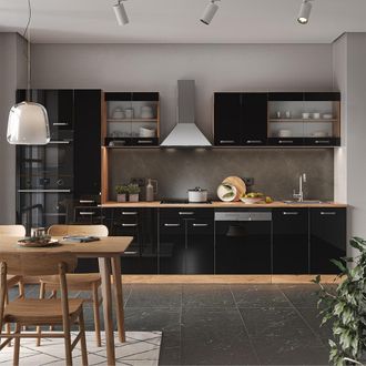 Vicco Mueble De Cocina R-line, Roble Negro/dorado De Alto Brillo, 350 Cm Con Mueble Alto, Encimera Antracita