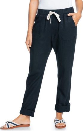 Roxy On the Seashore Tie Waist Linen Blend Pants in Anthracite Solid at Nordstrom, Size Medium