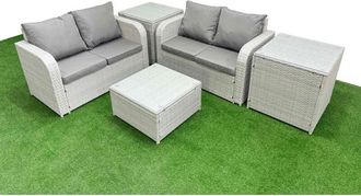 Fimous 4 Seater Outdoor Love Sofa Set Rattan Garden Furniture Set with Square Coffee Table 2 Side Tables Light Grey - Fimous
