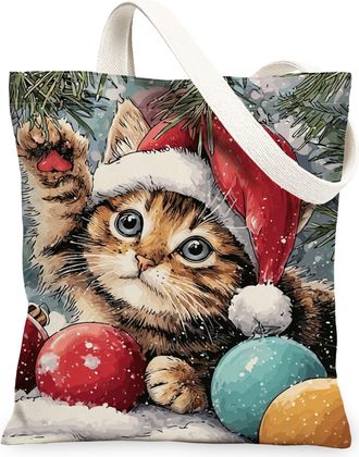 Generic Christmas Cat Canvas Tote Bags, Cute Feline Holiday Design Reusable Grocery Bags, Winter Fun Lightweight Washable Shoulder, Multicolor, 13x15 Inch