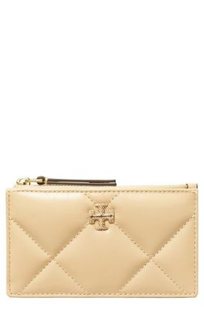 Tory Burch Kira Diamond Quilted Pav&eacute; Logo Leather Zip Card Case in Vanilla Soft Serve at Nordstrom
