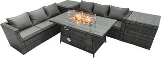 Fimous Rattan Garden Furniture Firepit Dining Set 6 Seater Lounge Sofa Table Set with 2 Side Tables - Fimous