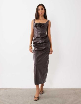 Asos vestito midi corsetto in PU con gonna drappeggiata color prugna-Viola