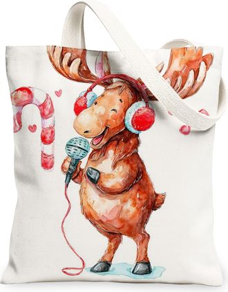 Generic Christmas Moose Canvas Tote Bags, Cute Animal Design Reusable Grocery Bags, Holiday Fun Lightweight Washable Shoulder Strap Canvas for Travel Beach Pi