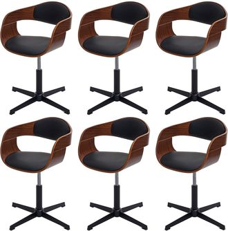 Hhg Juego De 6 Sillas De Comedor Hhg 496, Silla, Altura Regulable, Mecanismo Giratorio, Madera Curvada, Mvg, Aspecto Nogal, Cuero Sint&eacute;tico Negro