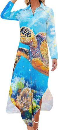 Generic Colorful Ocean Sea Turtle Womens Long Sleeve Maxi Dress Button Down Side Slit Shirt Dresses Fall Outfits