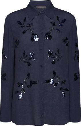 Elena Miro Floral Sequin Crepe Viscose Shirt - Dames - Overhemden - Blauw - M - Overhemden