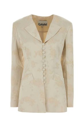 Ganni Beige Jacquard Notched Lapel Blazer