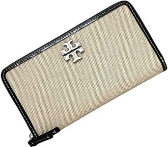 Tory Burch Black White Canvas Leather Long Wallet (Bi-Fold) (Pre-Owned)
