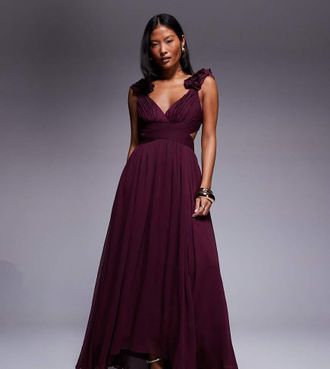 Forever New Vestito color porto con volant sulle spalle e gonna al polpaccio-Rosso