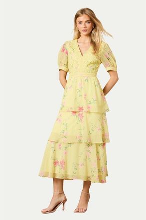 Oasis Lace Bodice Tiered Midi Dress in Chartreuse at Nordstrom, Size 10