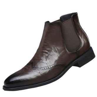 Generic Mens Pull on Chelsea Ankle Boots Pointed Toe PU Leather Vintage Brogue Shoes Flat Heel Formal Boots,Brown,8.5 UK