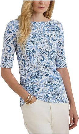 Lauren Ralph Lauren Paisley Stretch Cotton Boatneck T-Shirts Womens Clothing White/Blue : SM, Cotton/Elastane