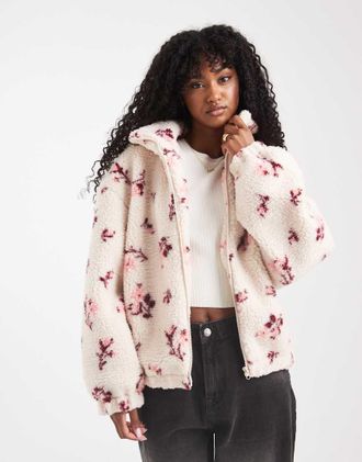 Miss Selfridge Giacca in pile borg a fiori con zip-Multicolore