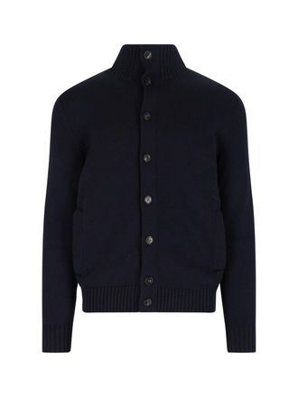 Zanone Dark Blue Chioto High-Collar Ribbed Virgin Wool Cardigan