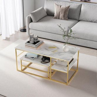 OEM Mesa Baja De Sal&oacute;n - Cuadrada - Tablero De M&aacute;rmol Blanco - Patas Doradas De Metal - 105x52x48 Cm