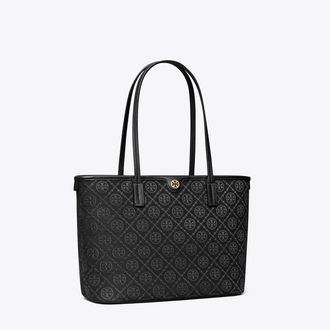 Tory Burch Womens T Monogram Small Zip Tote in Black, One Size