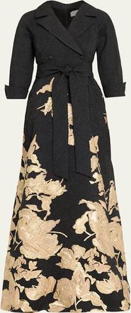 Teri Jon Metallic Floral Jacquard Shirt Gown