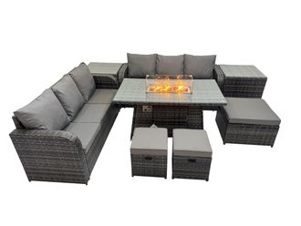 Fimous Garden Rattan 3 Seater Sofa with 3 Stools 2 Side Tables in Dark Grey