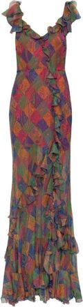 Etro Zijden Lange Jurk met Ruches en Geometrisch Paisley Motief - Dames - Avondkleed - Veelkleurig - S - Polyester - Kleedjes