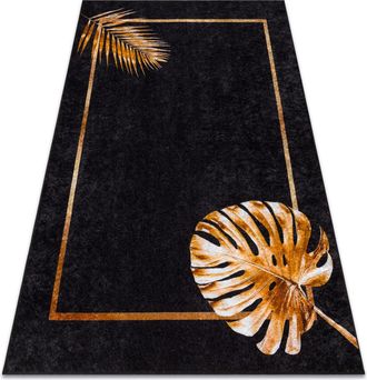 RugsX Rugsx - Alfombra Lavable Miro 51518.805 Hojas, Marco Antideslizante - Negro / Oro Black 160x220 Cm
