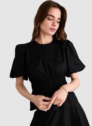 Baukjen Elise Puff Sleeve Smocked Waist Top in Caviar Black at Nordstrom, Size 12