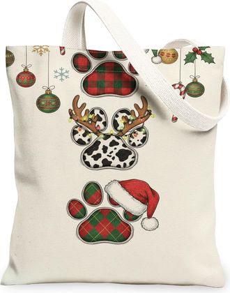 Generic Christmas Paw Print Canvas Tote Bags, Holiday Animal Pattern Reusable Bags, Vintage Lightweight Washable Shoulder Strap Tot, Cream, 13x15 Inch