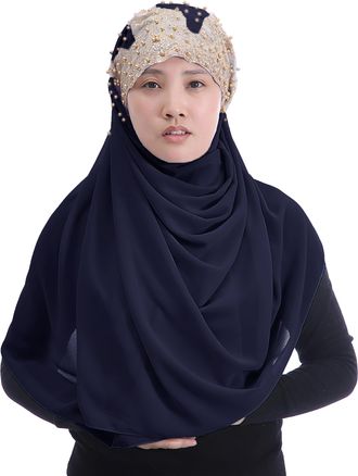 Lina & Lily Premium Chiffon Hijab Head Scarf Wrap with Gold Sequins Glitters Beads for Muslim Women (Navy Blue)