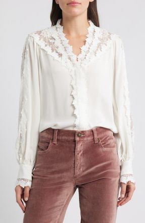 Kobi Halperin Miguel Lace Trim Silk Button-Up Shirt in Ivory at Nordstrom, Size Large