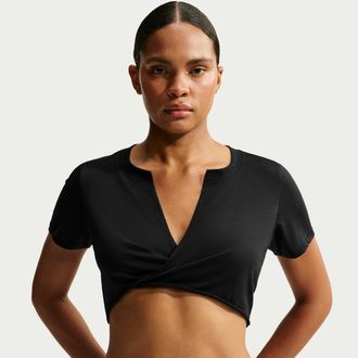 Nike Womens SKIMS Performance Cotton Blend V-Neck Cropped Twist Short-Sleeve Top in Black | IV6646-054
