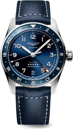 Longines Spirit Zulu Time GMT Automatic Leather Strap Watch, 39mm in Blue at Nordstrom