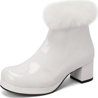 Generic Womens Patent PU Leather Ankle Boots Side Zipper with Faux Fur Trim Decor Comfort Round Toe Block Heel Winter Shoes (5.5,White)