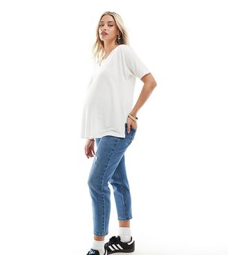Only ONLY Maternity - Mom jeans a vita alta azzurri con strappi-Blu