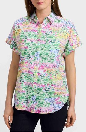Foxcroft Abigail Short Sleeve Linen Blend Button-Up Shirt in Green Multi at Nordstrom, Size X-Small