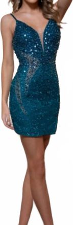 Rachel Allan Beaded Short V-Neck Slit Prom Dress In Peacock