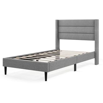Costway Single Bed Frame Linen Upholstered Platform Bed w/Headboard-Grey