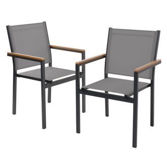 ML Design Ml-design Juego 2x Sillas De Jard&iacute;n Gris Oscuro Asiento De Textilene Para Terraza, Aspecto Madera Y Estructura De Aluminio Con Reposabrazos Y Respaldo