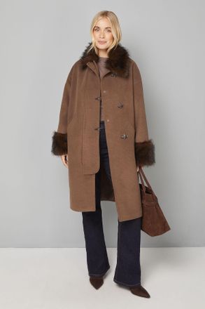 Wallis Womens Petite Toggle Detail Faux Fur Collar Coat - Chocolate - Size 18 UK