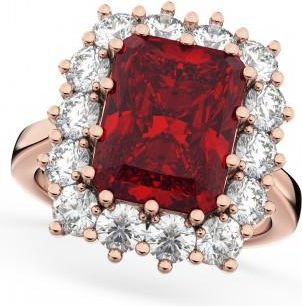 Allurez Emerald Cut Lab Ruby & Diamond Lady Di Ring 18k Rose Gold (5.68ct)