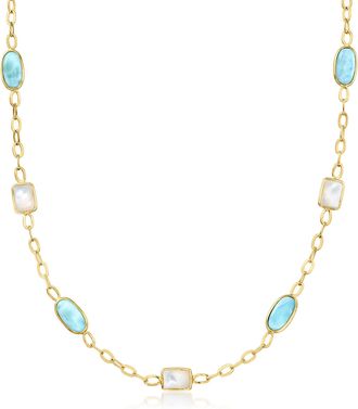 Ross-Simons Mother-Of-Pearl and Larimar Station Necklace in 18kt Gold Over Sterling