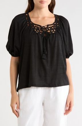 Max Studio Split Neck Puff Sleeve Top in Black at Nordstrom Rack, Size X-Large