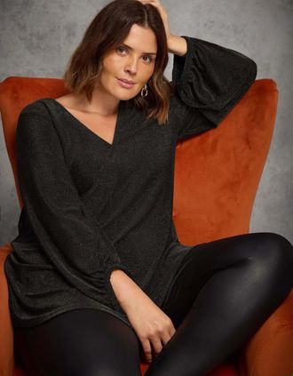 Live Unlimited London Womens Petite Black Sparkle V neck Jersey Tunic - Size: 14