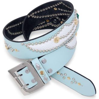mnml Stud Leather Belt in Aqua/White at Nordstrom, Size Medium