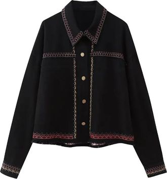 Generic Women Vintage Embroidery Lapel Jacket Long Sleeve Buttons Tassel Pockets Casual Coat Black M